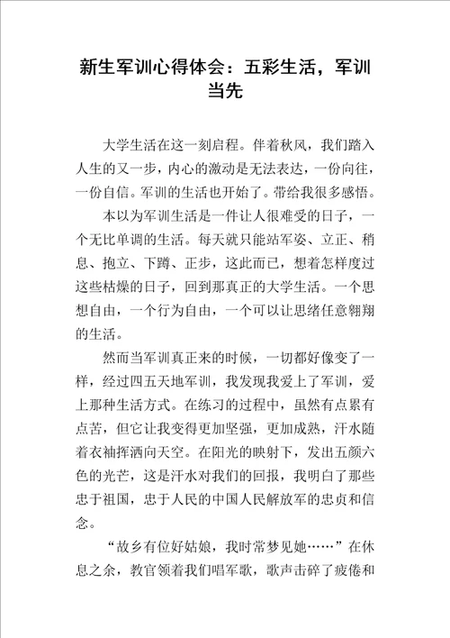 新生军训的心得体会：五彩生活，军训当先