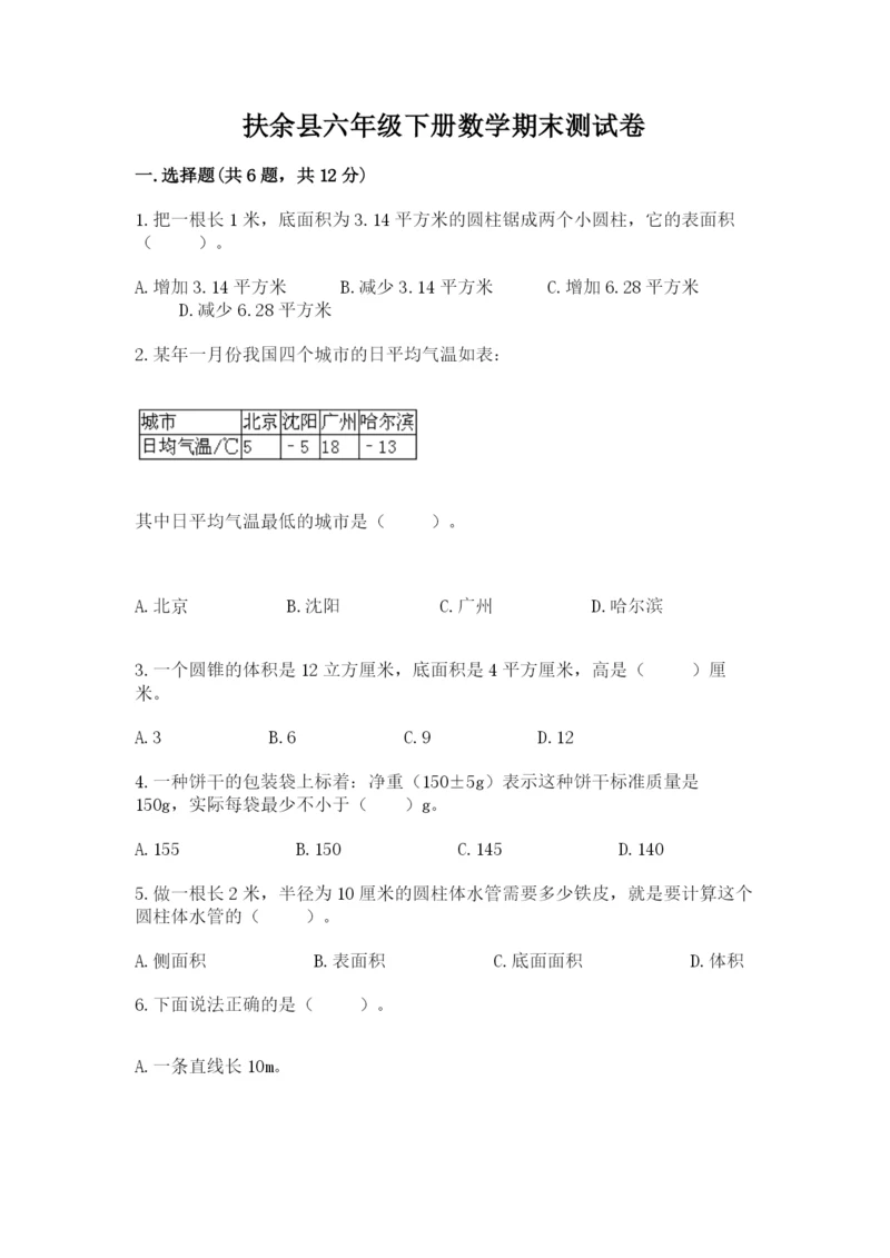 扶余县六年级下册数学期末测试卷（b卷）.docx