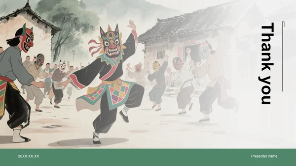 绿色复古风傩戏的历史与文化价值PPT主题