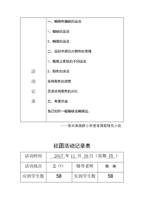 2017-2018第一学年美术社团活动记录表