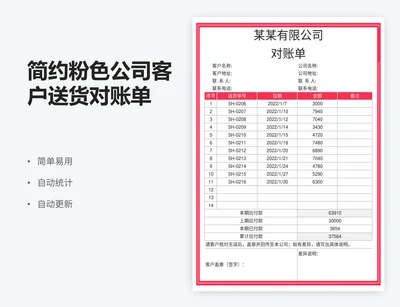 简约粉色公司客户送货对账单