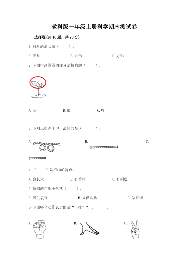 教科版一年级上册科学期末测试卷附参考答案（综合卷）.docx