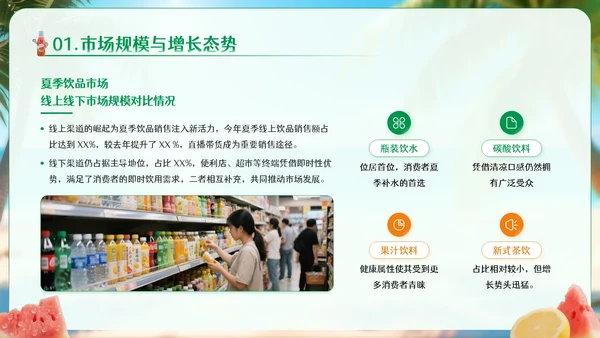 绿色卡通风夏季饮品经济消费报告PPT模板