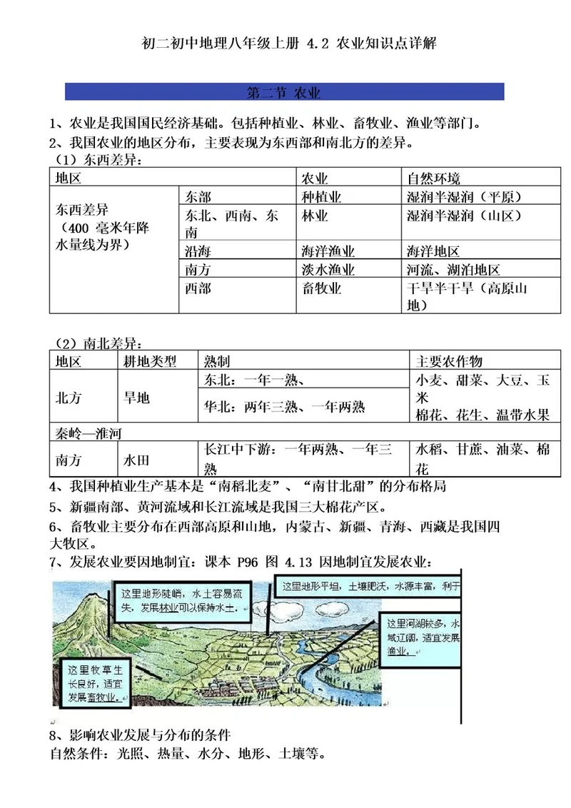 初二初中地理八年级上册4 2农业知识点详解