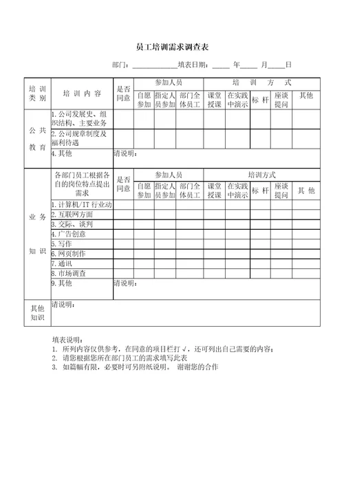 员工培训需求调查表