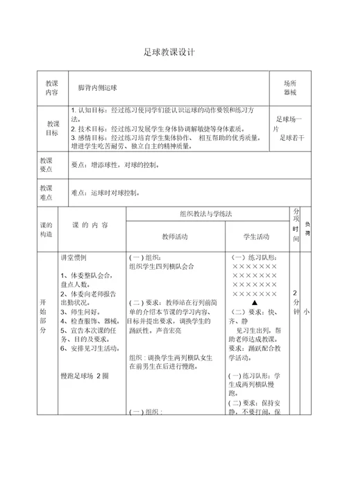 足球脚背内侧运球教案