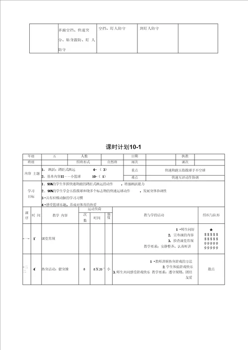 五年级篮球单元计划及教案