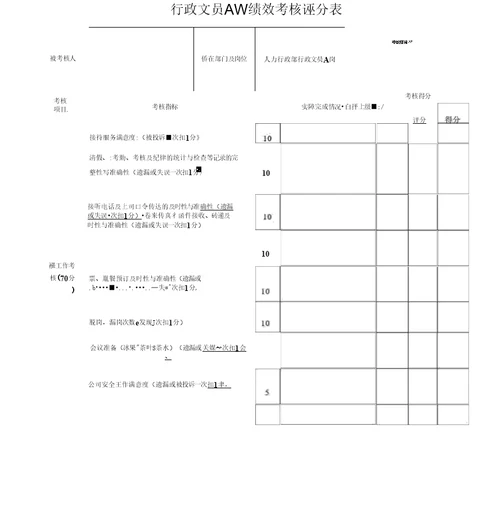 行政主管岗绩效考核评分表x