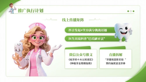 绿色3D卡通风爱牙日口腔诊所宣传活动PPT模板