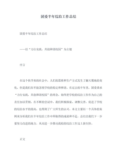 团委半年综治工作总结