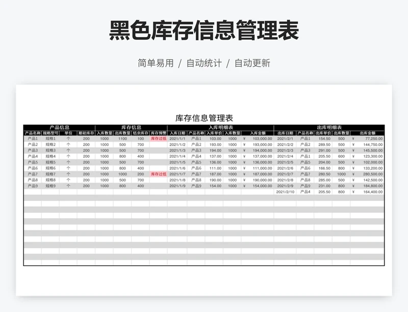 黑色库存信息管理表
