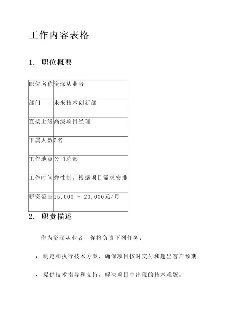 表格体现工作内容