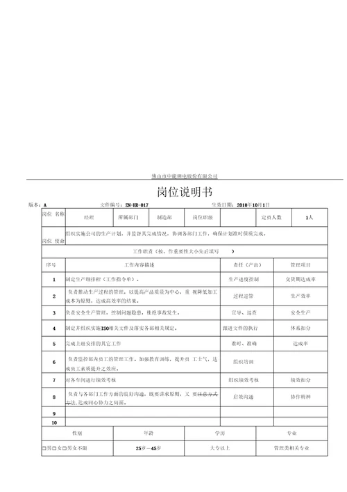 中能锂电公司各岗位职责说明书