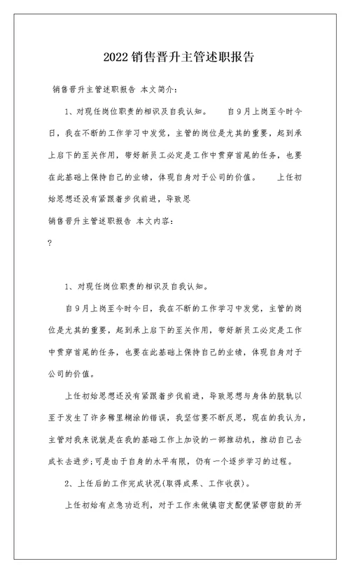 2022销售晋升主管述职报告