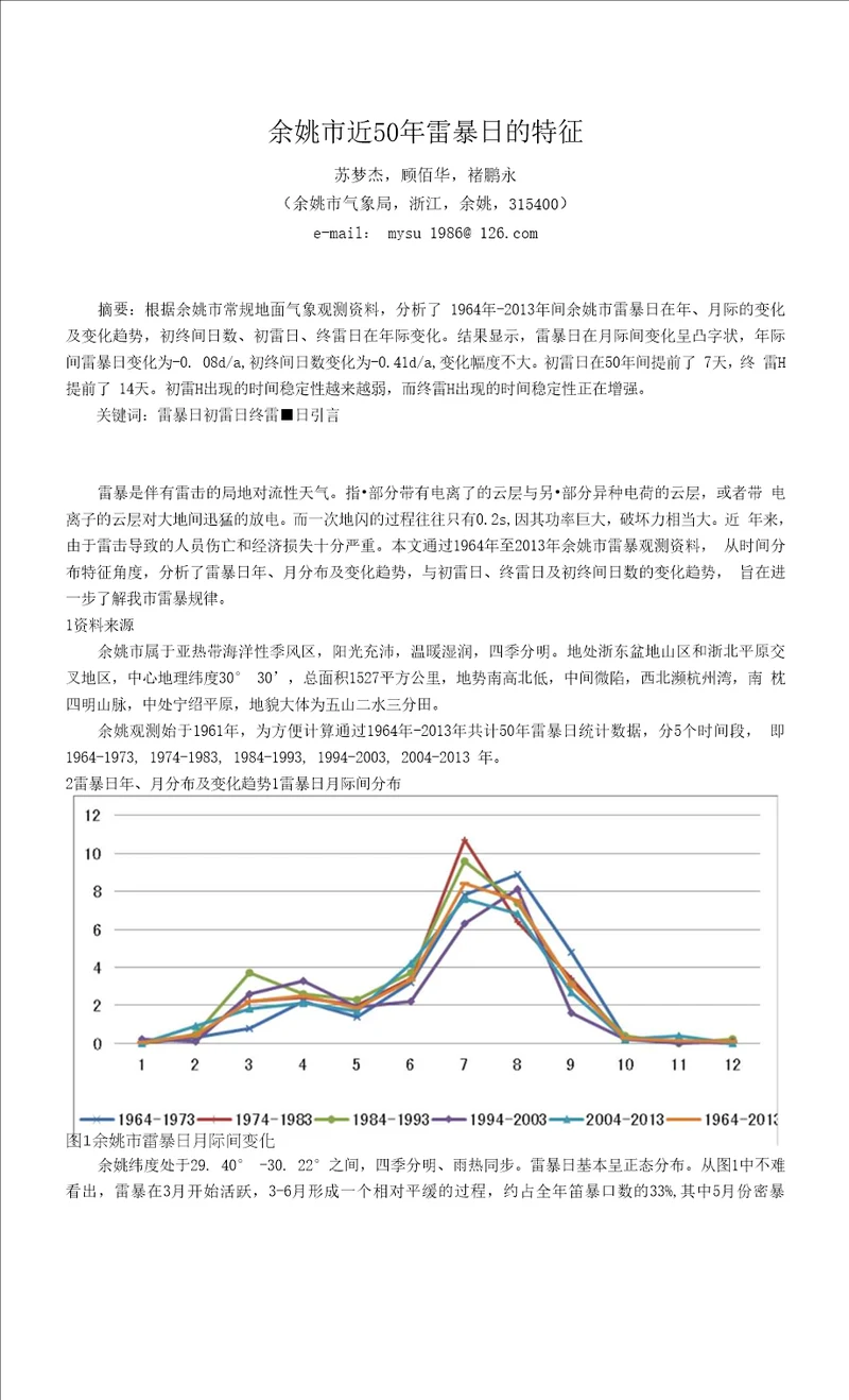 余姚市近50年雷暴日的特征