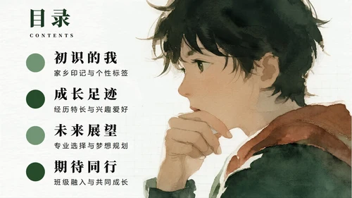 绿色水彩小清新风大学生新生自我介绍PPT模板