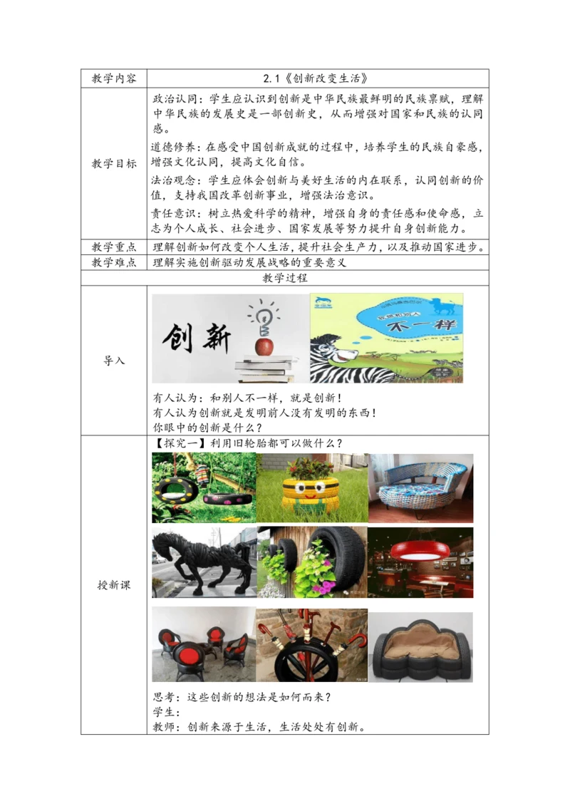 【核心素养目标】2.1创新改变生活表格式教案
