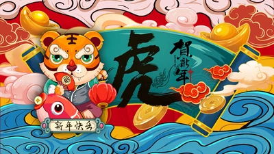 国潮风虎年2022元旦春节拜年新年贺卡PPT