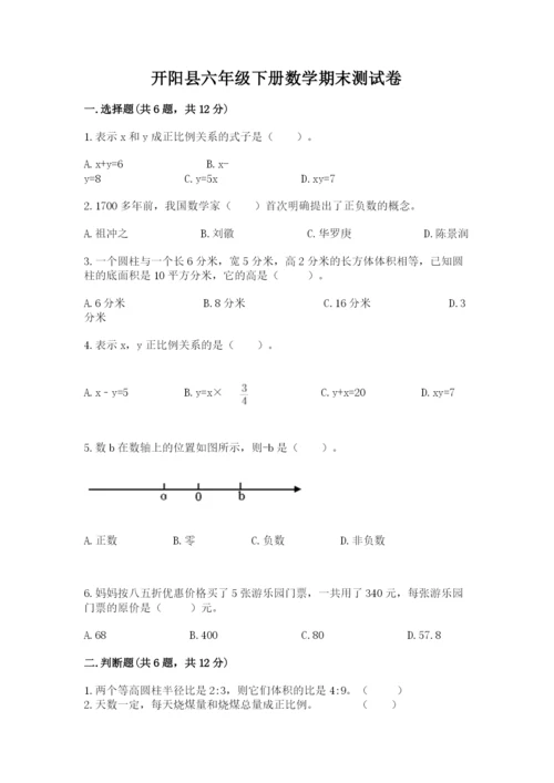 开阳县六年级下册数学期末测试卷一套.docx