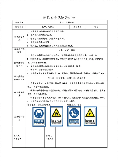 建筑施工项目部主要岗位安全风险告知书参考模板范本