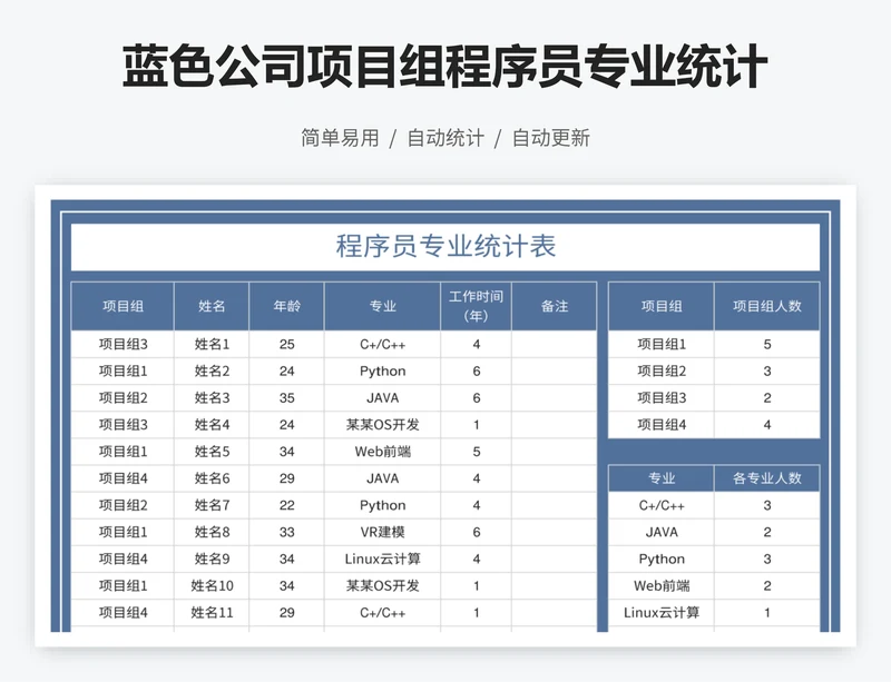 蓝色公司项目组程序员专业统计表