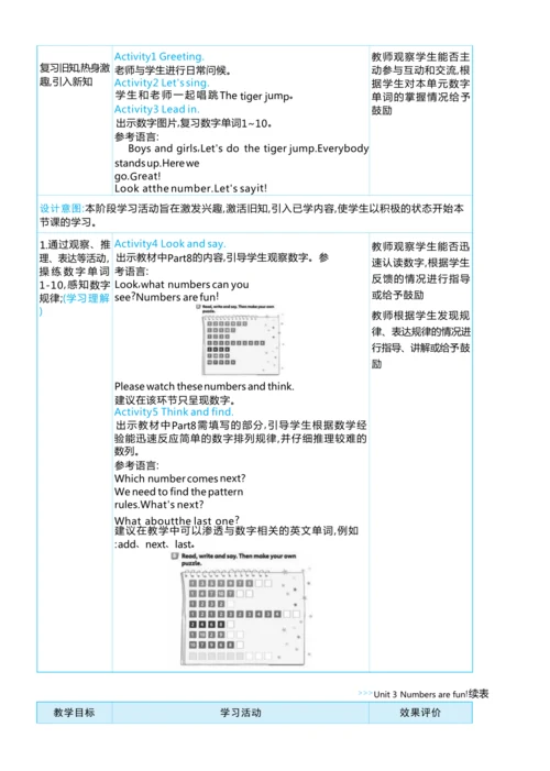 Unit 3  Numbers are fun单元整体教学设计5课时