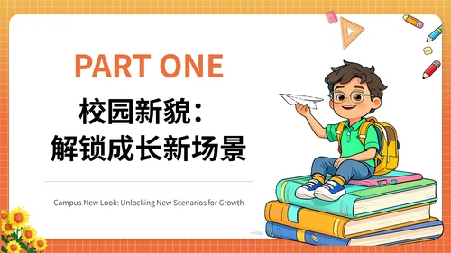 橘红色插画风我们开学了PPT模版