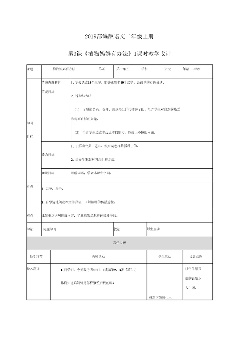 二年级上册语文教案1.3植物妈妈有办法人教新课标