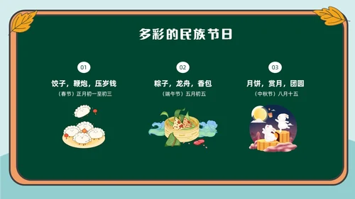 绿色插画风民族文化介绍主题班会民族团结