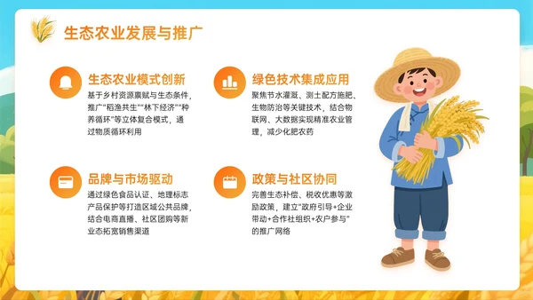 橙黄色插画风乡村绿色生态筑基振兴PPT主题模板