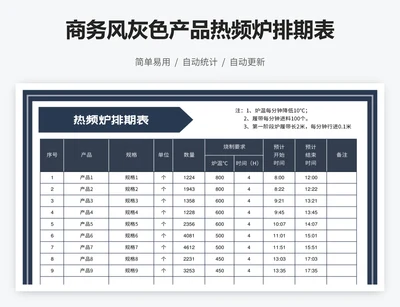 商务风灰色产品热频炉排期表