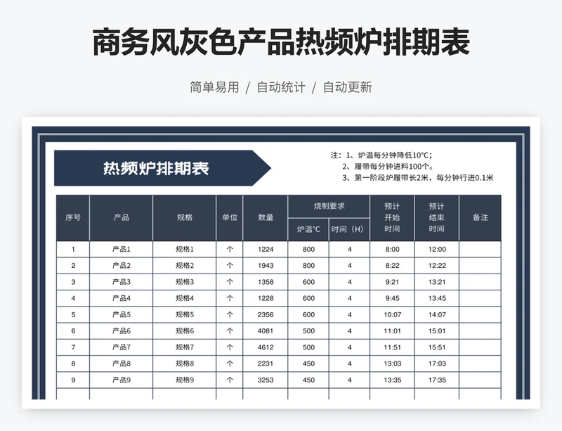 商务风灰色产品热频炉排期表