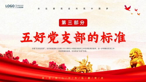 红色复古简约大气红绸五好党支部党政党建党课动态PPT