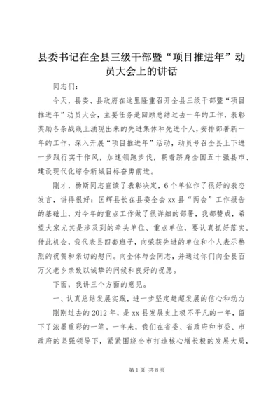 县委书记在全县三级干部暨“项目推进年”动员大会上的讲话.docx
