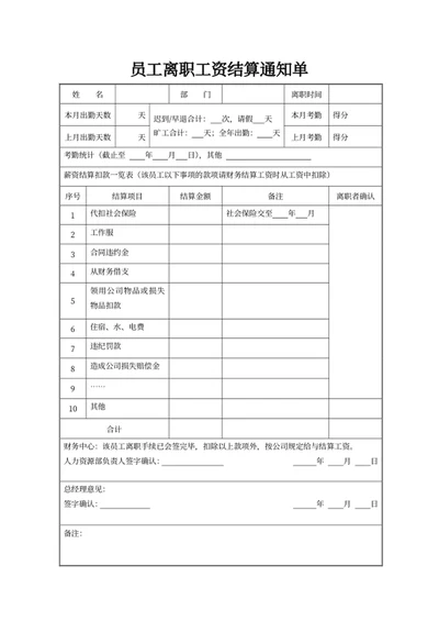 员工离职工资结算通知单
