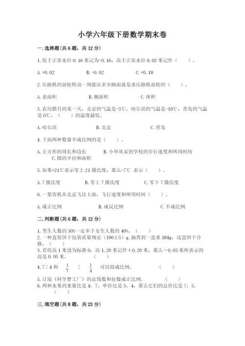 小学六年级下册数学期末卷精品（模拟题）.docx