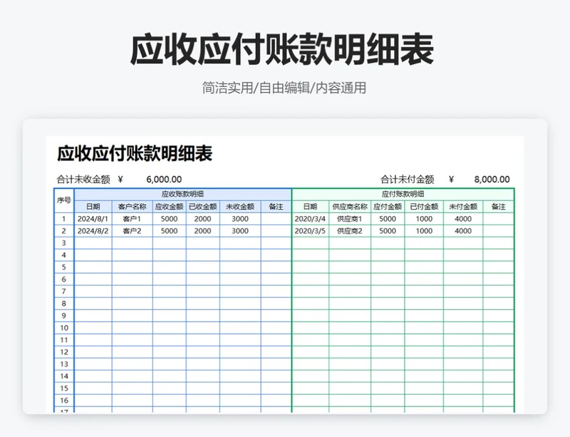 简约双色应收应付账款明细表