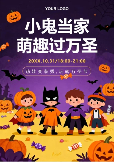 紫色手绘卡通风万圣节派对活动海报
