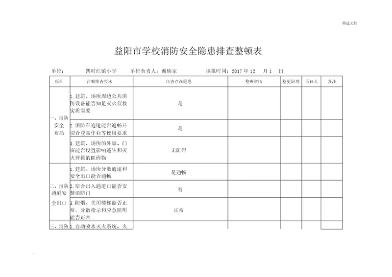 幼儿园学校消防安全隐患排查表格