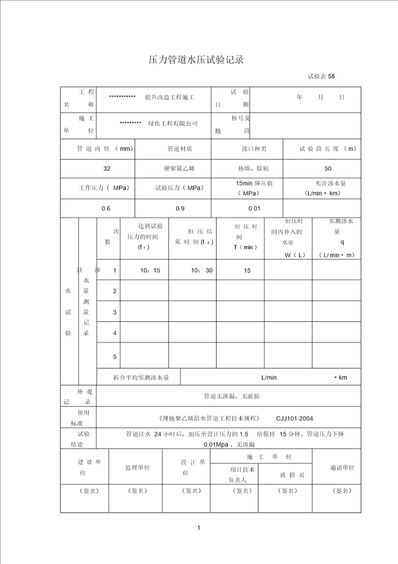 压力管道水压试验记录范文