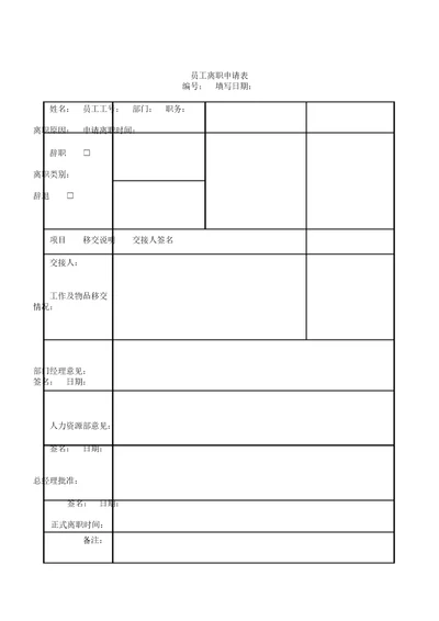 员工离职申请表格模