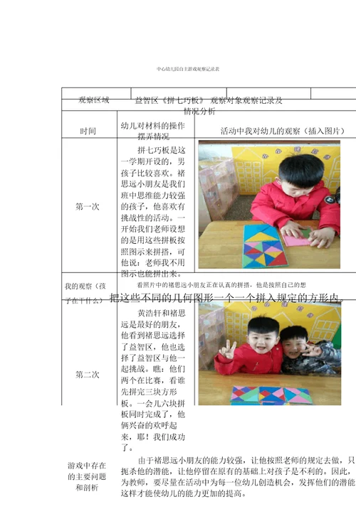 中心幼儿园自主游戏观察记录表