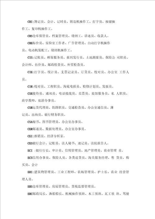 霍兰德职业索引职业兴趣代码与其相应的职业对照表