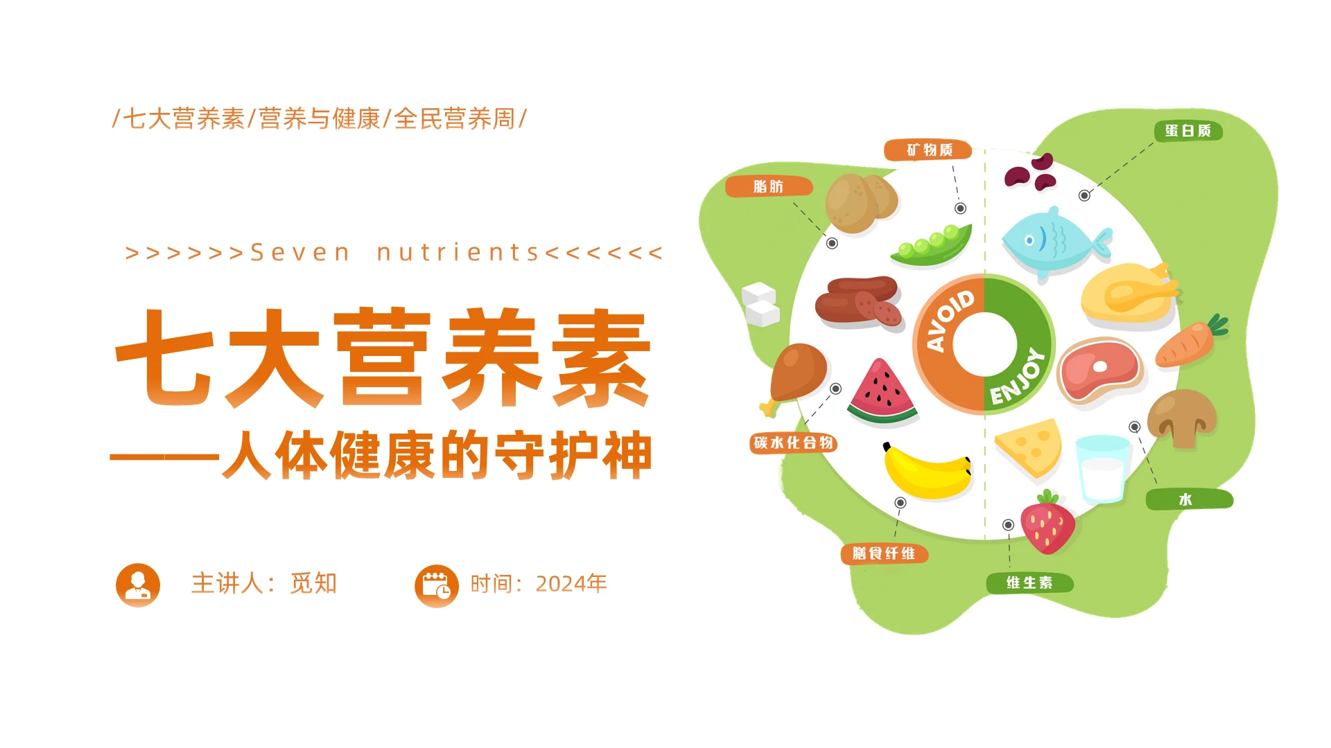 绿色橙色简约七大营养素PPT模板全民营养周