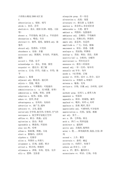 六级核心精选2000词汇表