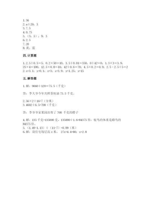 小学五年级上册数学期末考试试卷带答案（研优卷）.docx