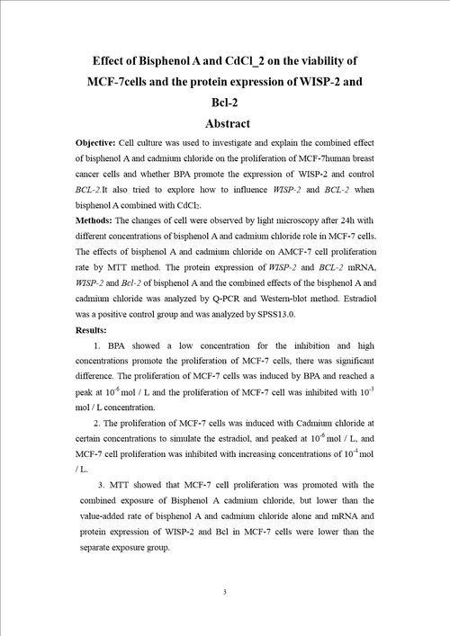 双酚a与氯化镉对mcf7细胞增殖及wisp2和bcl2蛋白表达作用