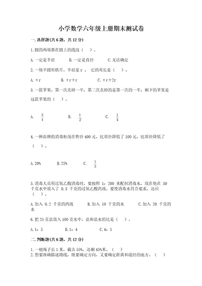 小学数学六年级上册期末测试卷及完整答案（各地真题）