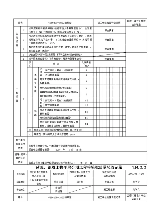 砂浆溷凝土找平层分项工程检验批质量验收记录TJ4