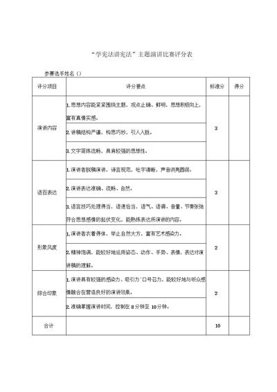 演讲比赛评分表计分表